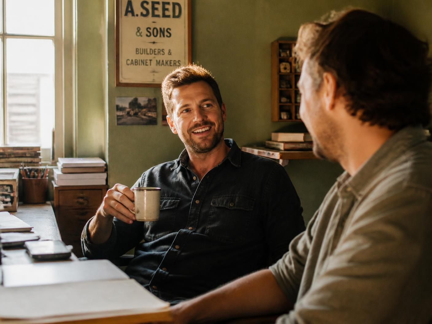 Taylor and Josh talking in a bright, plant-filled studio office