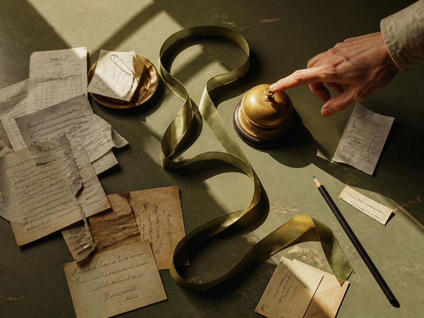 Overhead still life: a hand reaching for a brass bell among scattered receipts and a looping olive ribbon on an olive desk